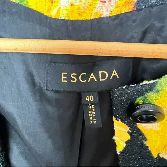 Escada Tweed Black Yellow Floral Cropped Jacket Women’s Size Large/EU40